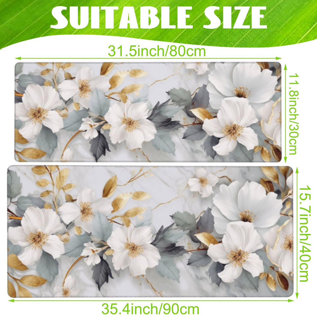 Eflxamz Desk Mat,White Gold Marble Desk Pad,White Flowers Golden Leaves Large Gaming Mouse Pad for