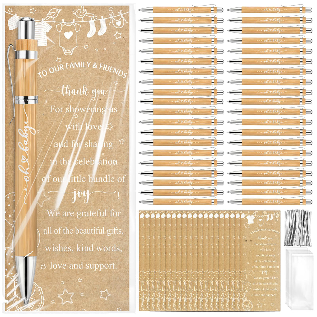 Zhanmai 36 Set Rustic Baby Shower Favors for Guests Include 36 Ballpoint Pens 36 Thank You Cards 36