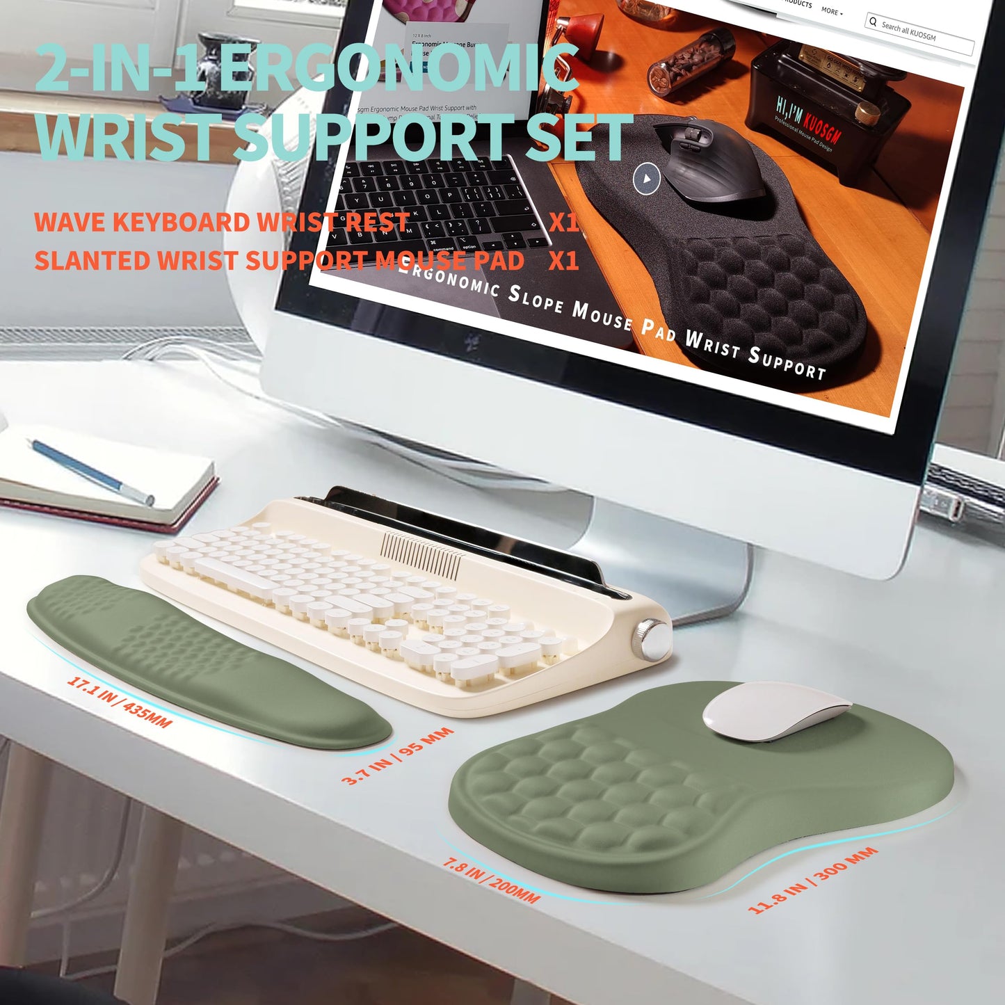 KUOSGM 2-in-1 Ergonomic Set, Wave Rise Keyboard Wrist Rest and Massage Bulge Slope Mouse Pad Wrist