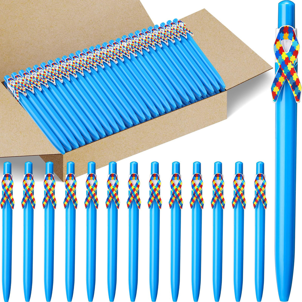 Yexiya 100 Pcs Autism Awareness Pen Puzzle Ribbon Bulk, Black Ink