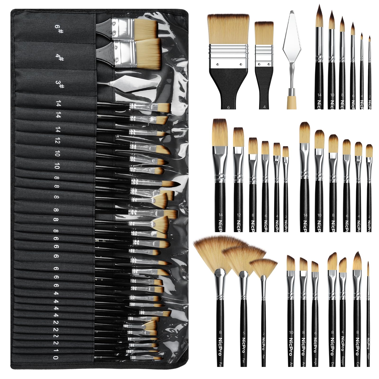 Nicpro 30pcs Paint Brush Set, Professional Paintbrushes with Paint Spatula and Cloth Roll, Craft