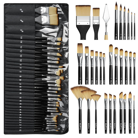 Nicpro 30pcs Paint Brush Set, Professional Paintbrushes with Paint Spatula and Cloth Roll, Craft