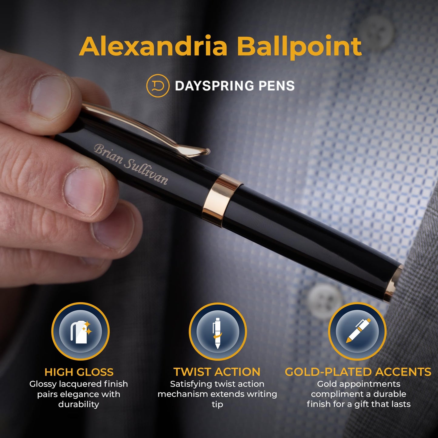 Dayspring Pens Alexandria Personalized Ballpoint Pen, Black with Gold Trim
