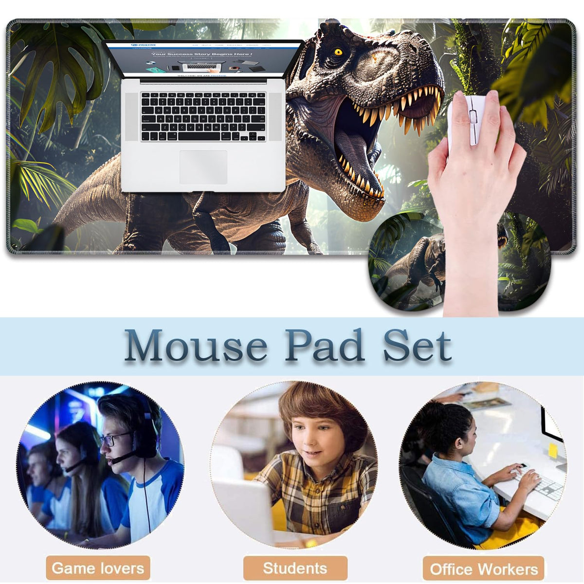 3-Piece Dinosaur T-Rex in Jungle Mouse Pad Set, Including Wrist Support Pad and Cup Holder, with