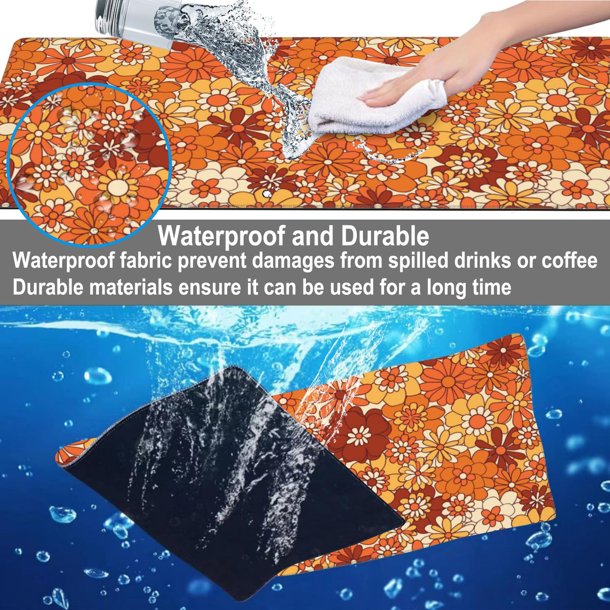 Mouse Pad, Large Retro Boho Hippie Flower Desk Mat, Extended Non-Slip Gaming Keyboard Mousepad Desk