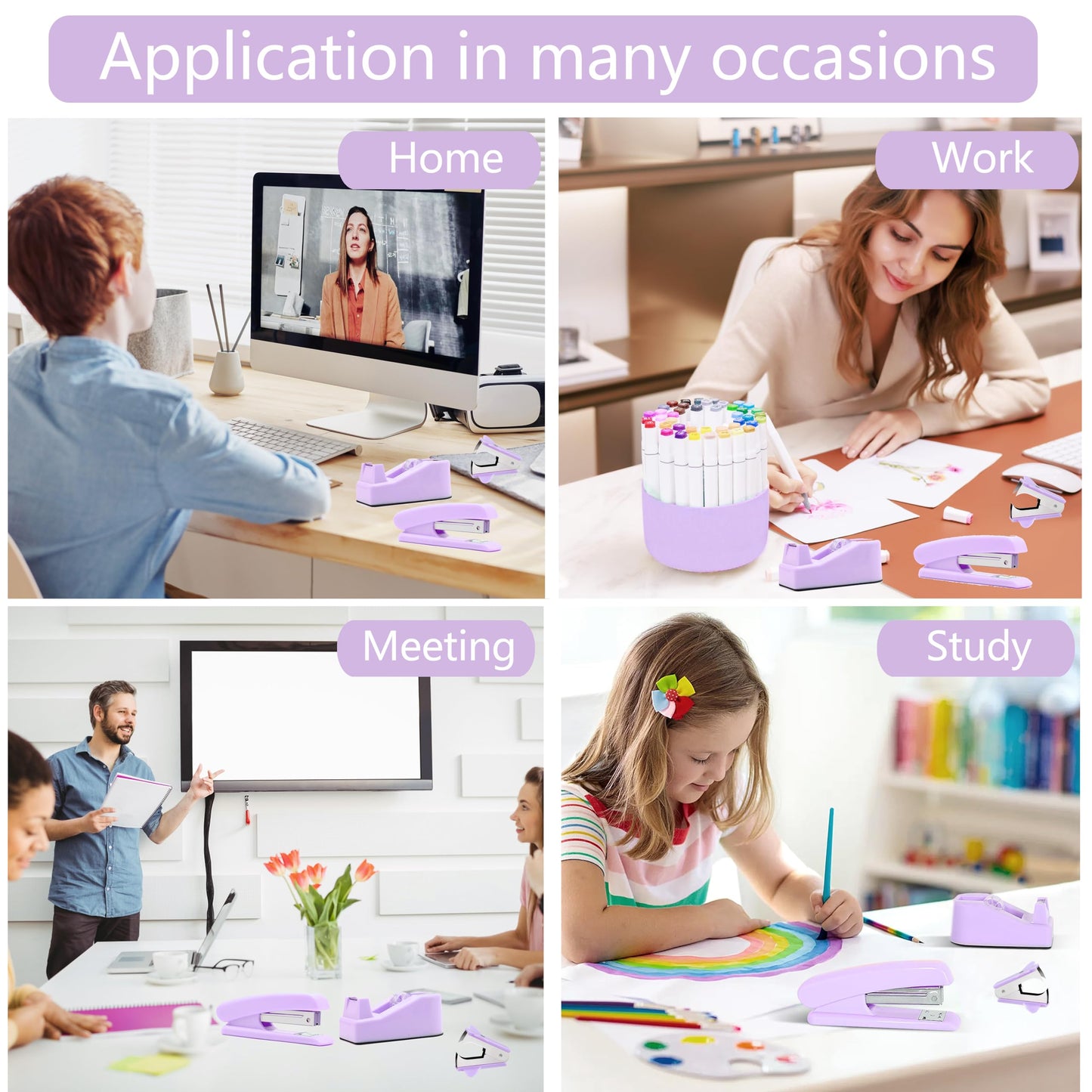 Dimonluce Purple Desk Accessories, Purple Office Supplies Accessories with Tape Dispenser, Stapler