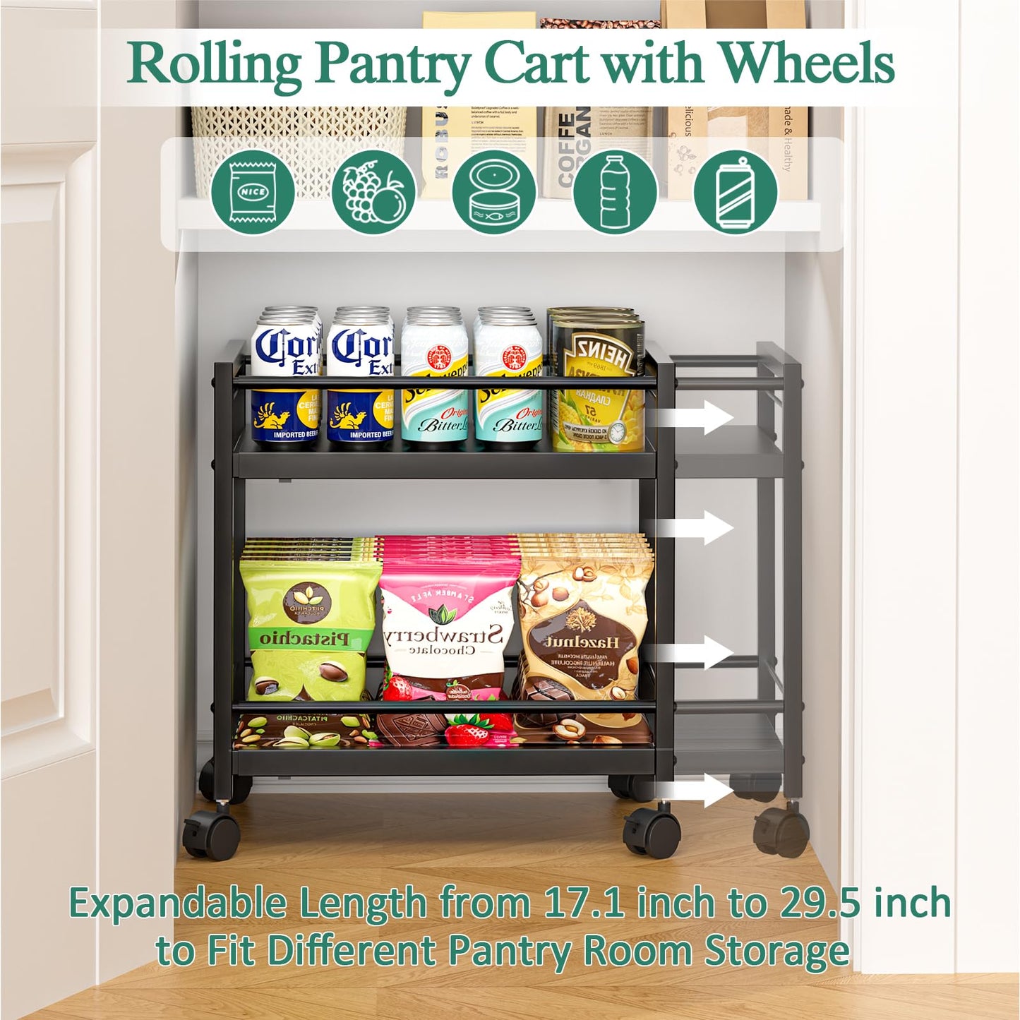 2-Tier Expandable Rolling Pantry Cart with Wheels, Adjustable Floor Organizer for Kitchen Pantry