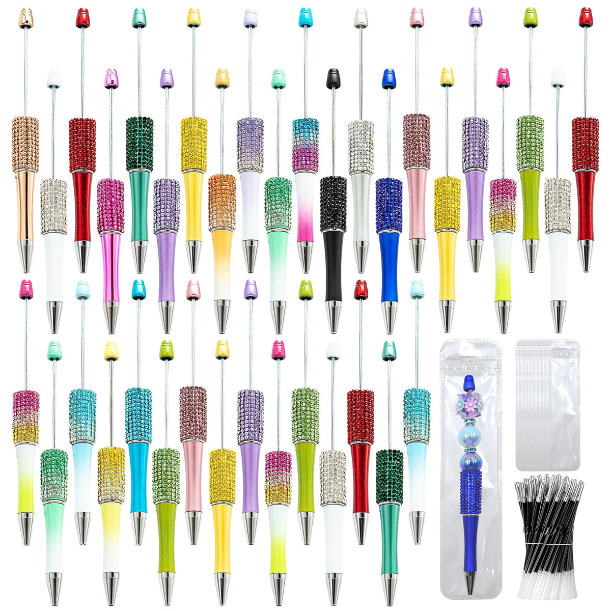DASTTUIS 75 Pcs DIY Diamond Beadable Pen Kit - 25 Plastic Rhinestone Beaded Pens Bulk with Refills