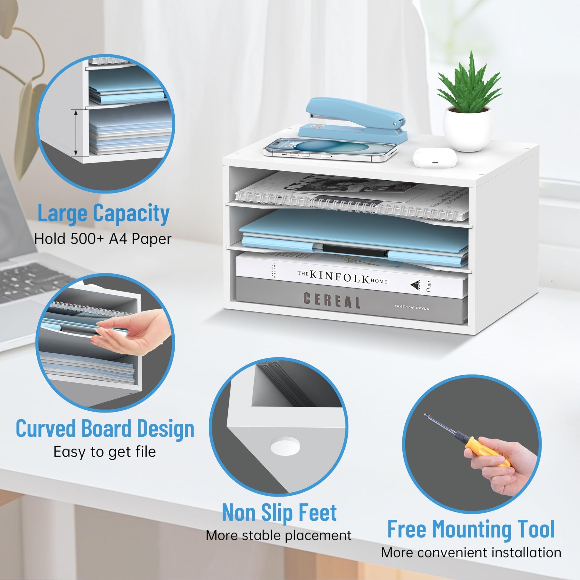 3-Tier Paper Organizer for Desk, Adjustable Mail Organizer, White