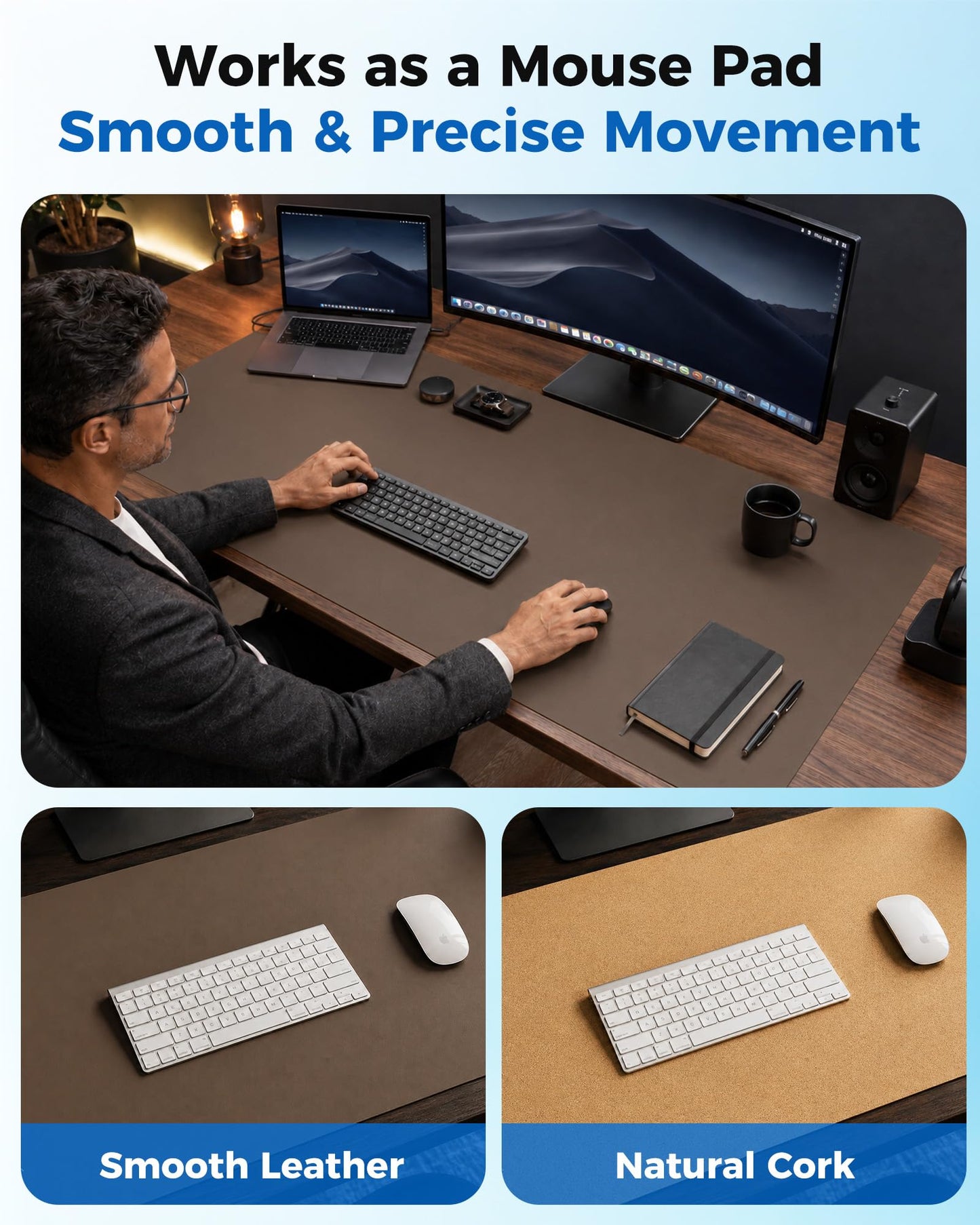 Aothia Dual-Sided Desk Pad - Leather Desk Mat, Natural Cork Desk Pad Protector, Large Mouse Pad for
