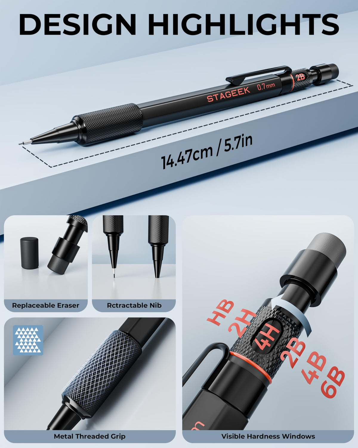 STAGEEK Black Meal Mechanical Pencil Set, 3-Pack, 0.7mm, Storage Case