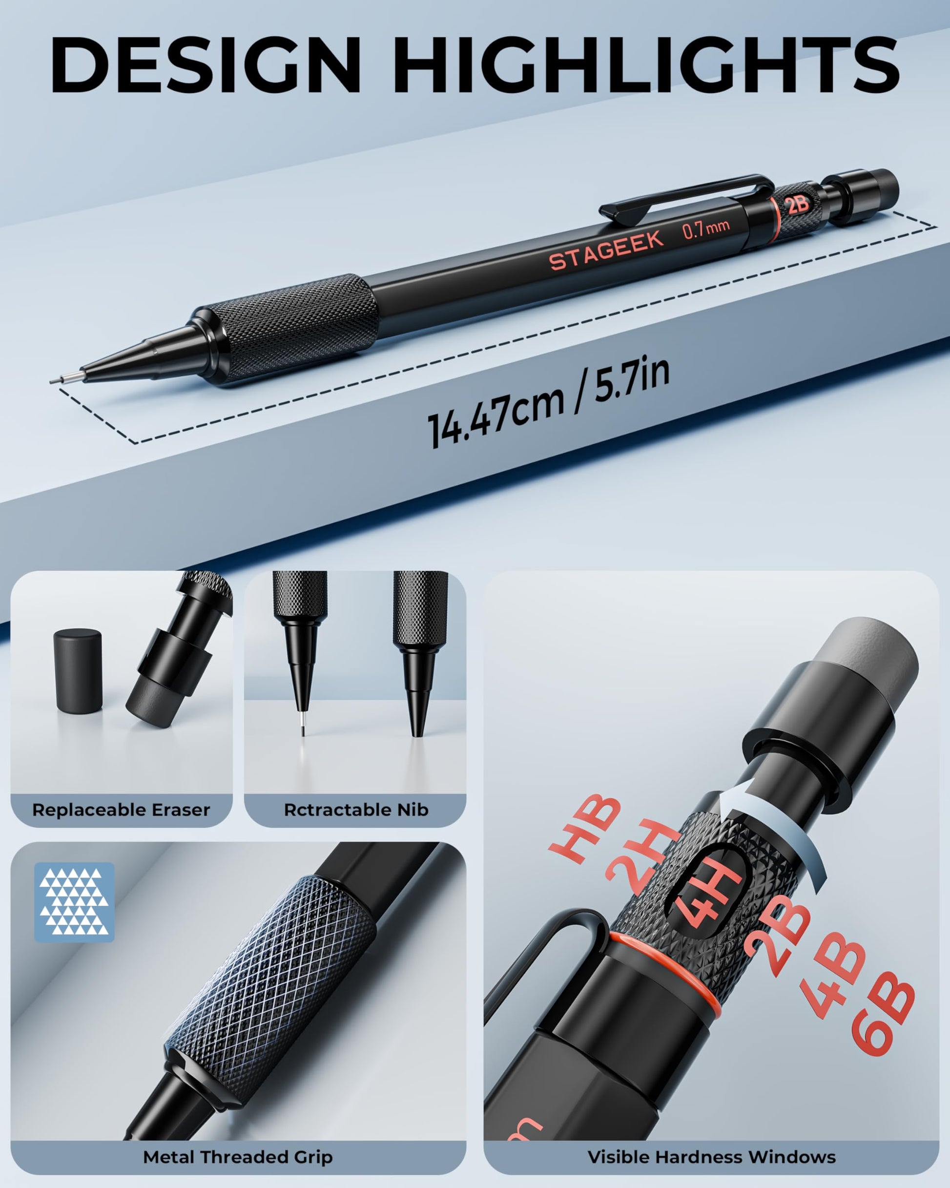 STAGEEK Black Meal Mechanical Pencil Set, 3-Pack, 0.9mm, Storage Case