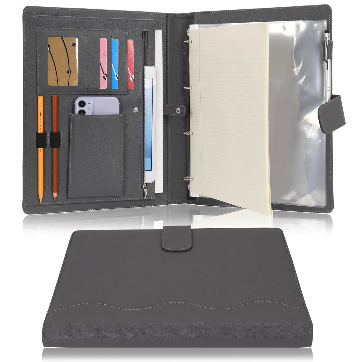 Wonderpool A4 PU Leather 3 & 4 Ring Holder Writing Portfolio Multi Document Case with Removable