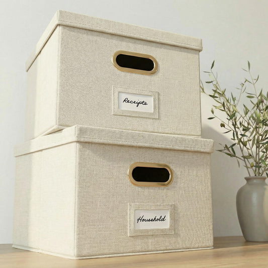 Decorative File Organizer Box Set of 2 - Collapsible Linen Filing Cabinets