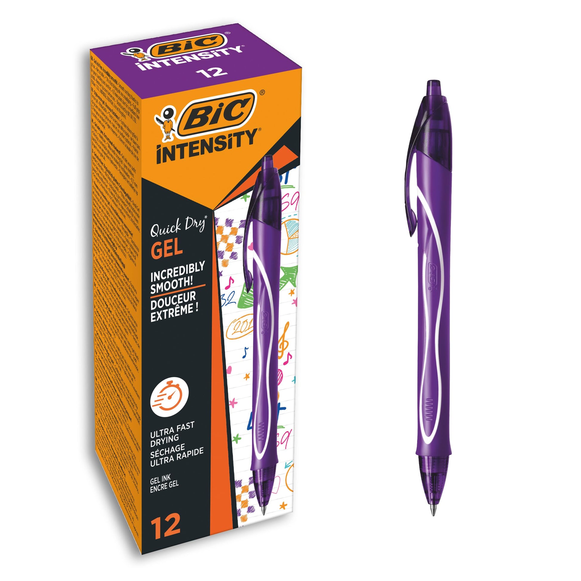 BIC Gel-ocity Quick Dry Gel Pens, Medium Point (0.7 mm), Purple, Box of 12, Retractable Pen with