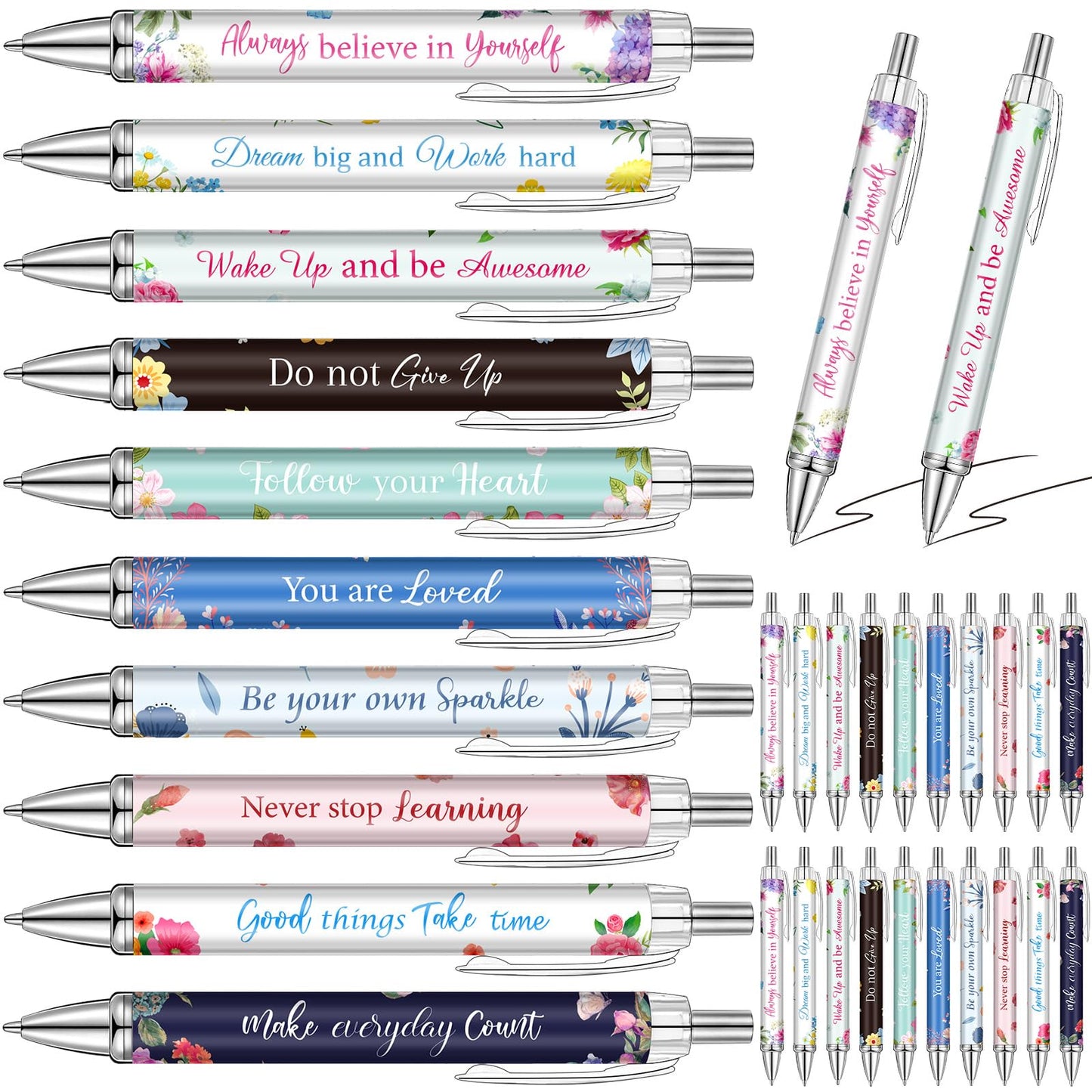 Yeaqee 50 Pcs Motivational Pens Bulk Inspirational Quotes,Flower Style