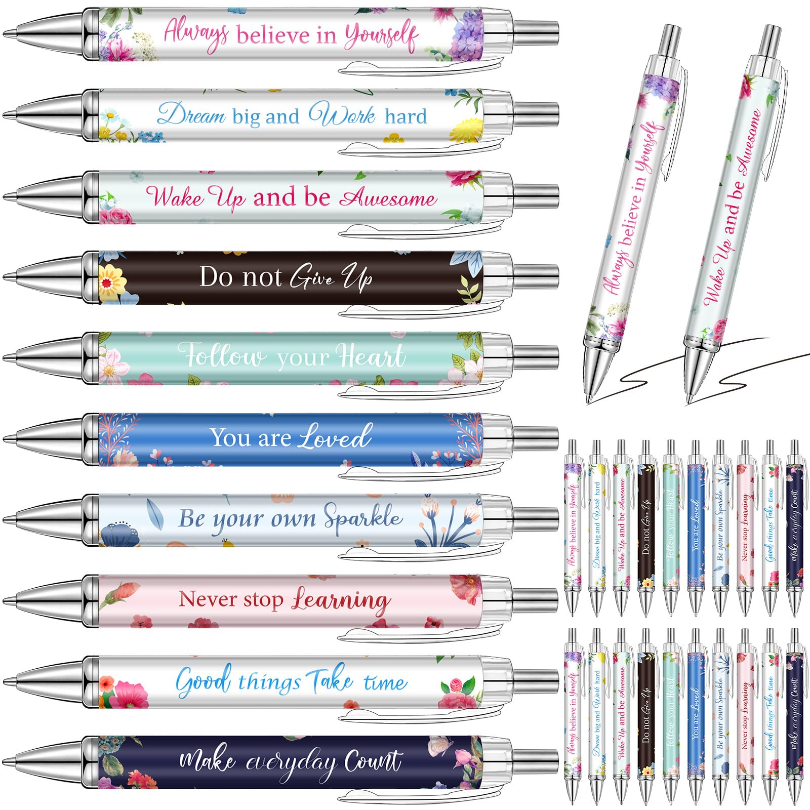Yeaqee 50 Pcs Motivational Pens Bulk Inspirational Quotes,Flower Style