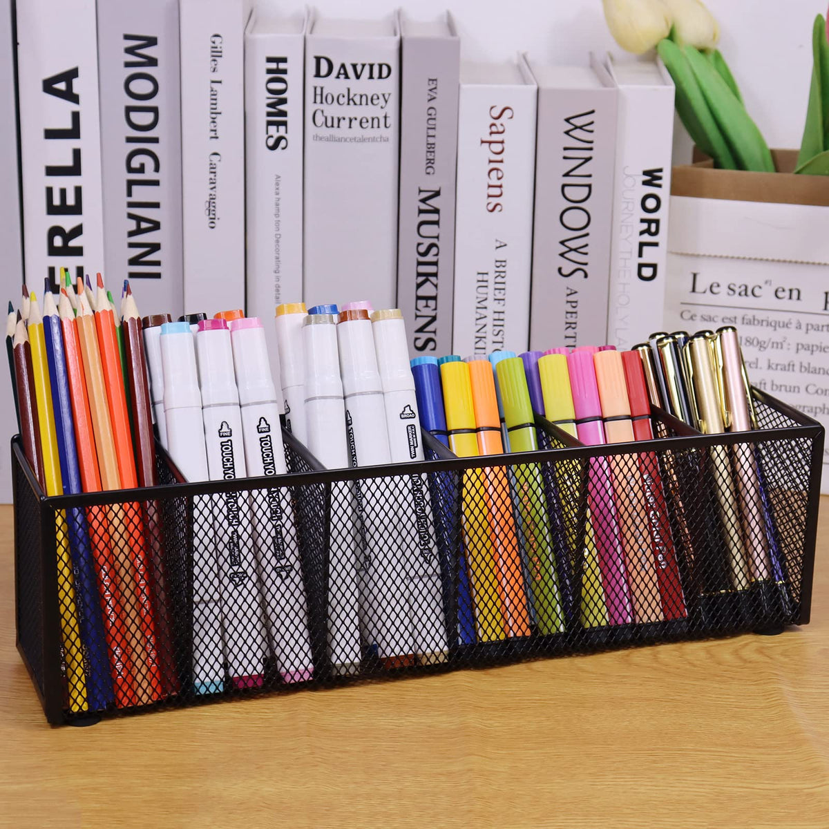 Flytreal Black Mesh Pen Pencil Holder, Small Metal Desk Organizer Desktop Stationery Office