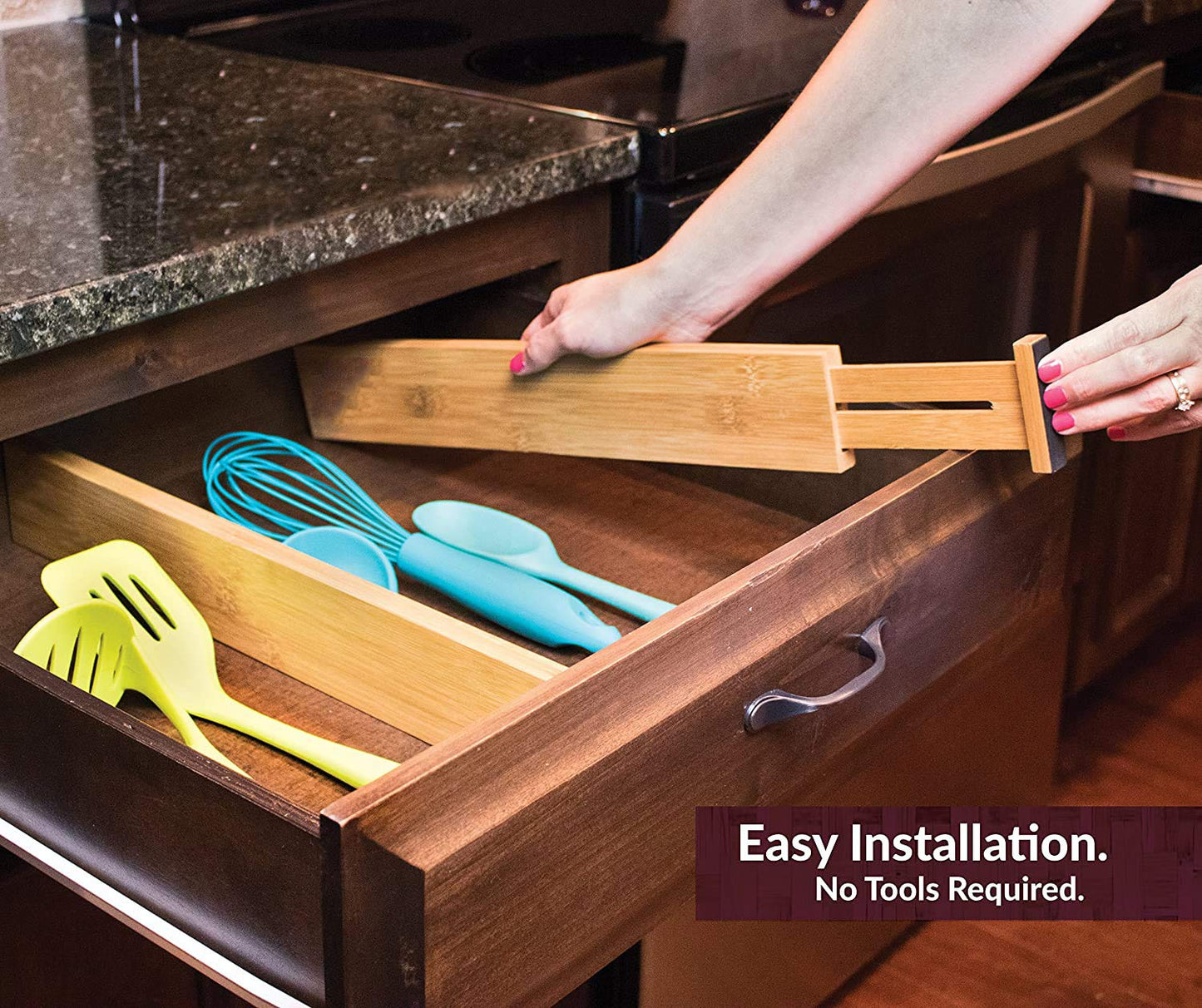 MEKBOK 4-pack Bamboo Kitchen Drawer Divider, Adjustable Drawer Storage, Spring loaded, Suitable for