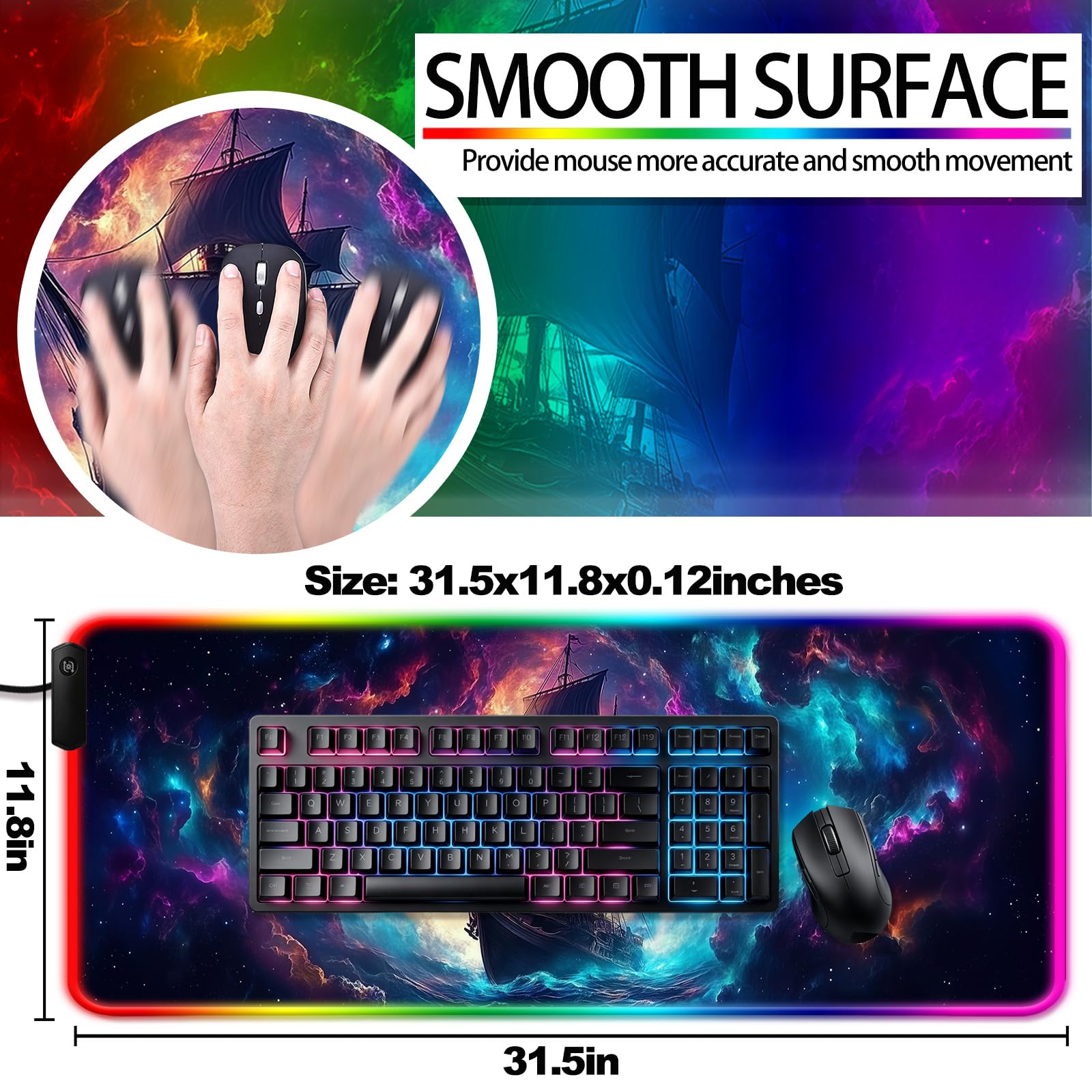 JIANG100 RGB Fantasy Nebula Pirate Ship Gaming Desk Mat & Mouse Pad, XL