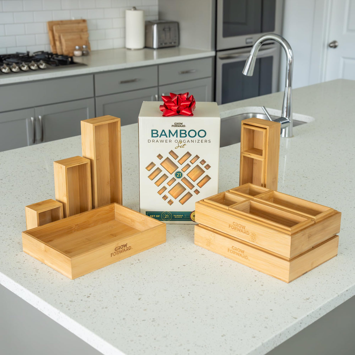 Grow Forward Bamboo Drawer Organizer Boxes - Set of 21 Wooden Drawer Organizers for Kitchen