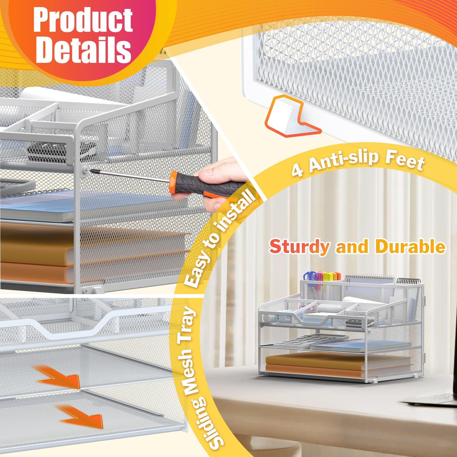 Docnest 3 Tier Mesh Desk Organizer with Letter Tray & Paper Sorter, White
