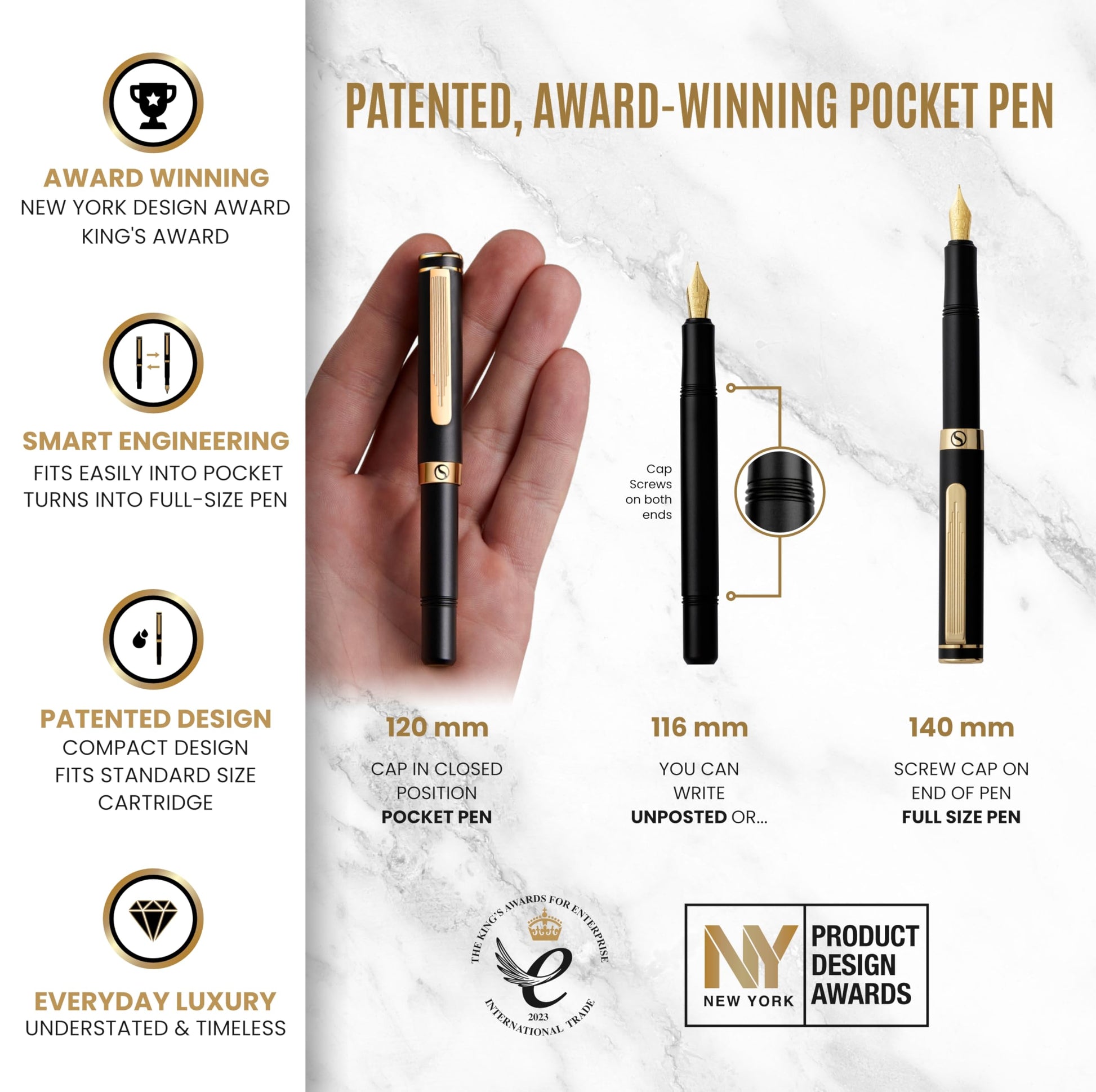 Scriveiner Luxury EDC Fountain Pen (Fine), Stunning Black Pocket Pen with Real Gold Finish, Schmidt