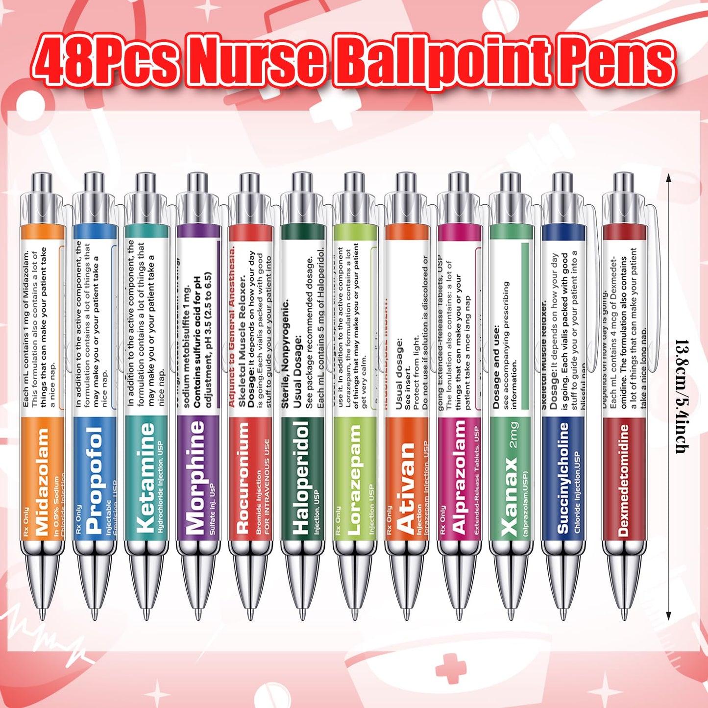 48 Pcs Pharmacy Pens Gifts for Nurse Pharmacist, Funny Drug Retractable Ballpoint Pens, Nurses Week