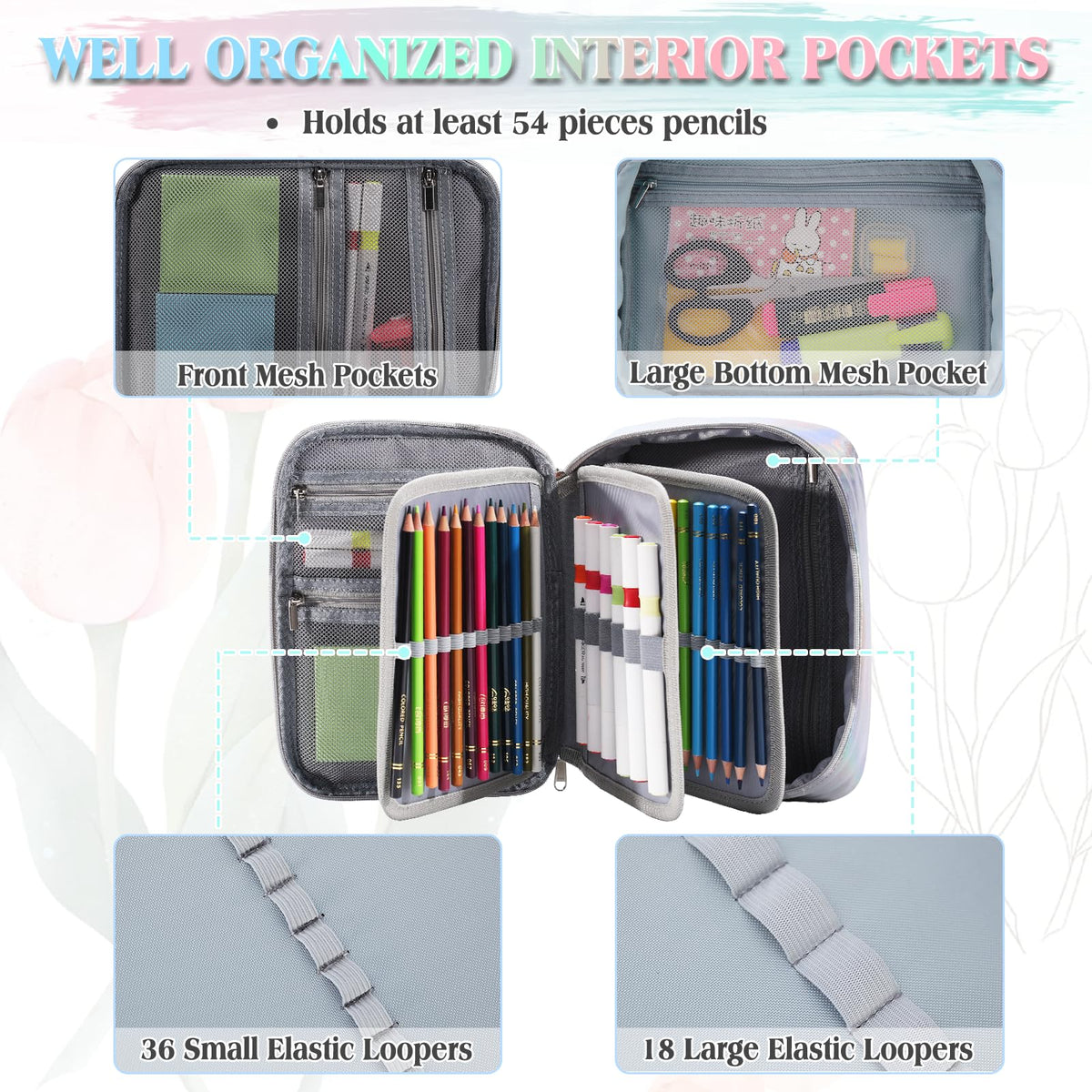 VX VONXURY Large Pencil Case, 54-Slot Colored Pen Pouch 2 Removable Sleeves