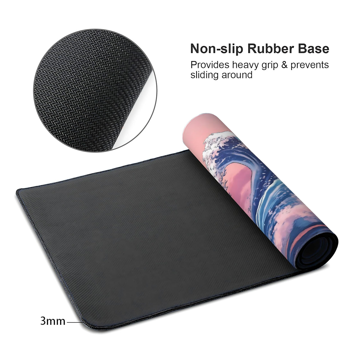 Cute Aesthetic Kanagawa Great Wave Gaming Mouse Pad, Blue Pink Japanese Desk Mat with Anti-Slip
