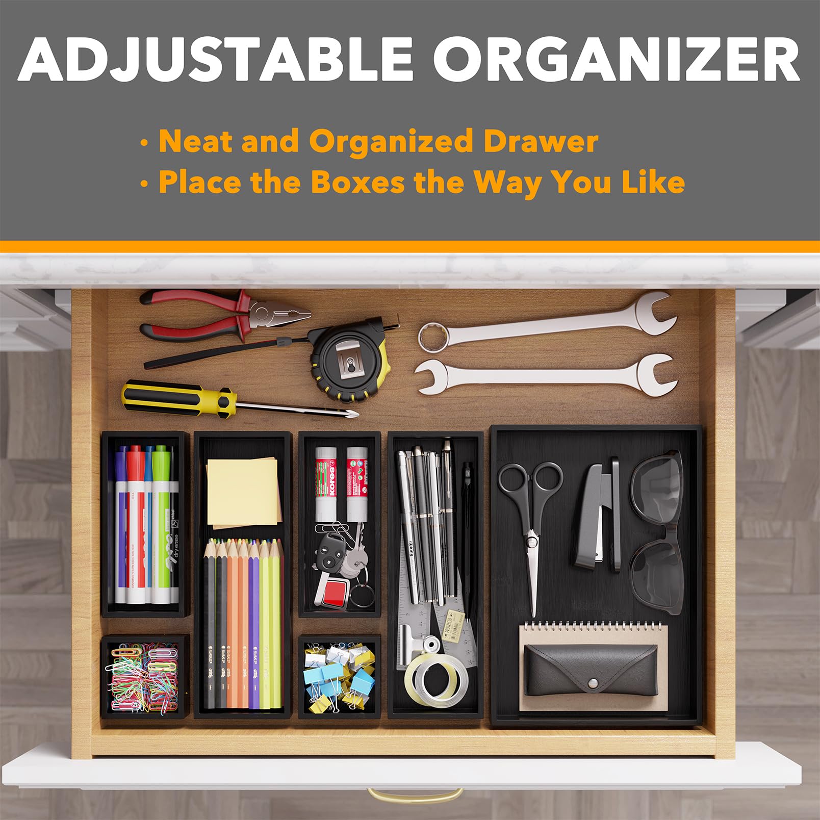 SpaceAid 7-Piece Bamboo Drawer Organizer Storage Boxes Set, Wood Tray Junk Drawer Organizers