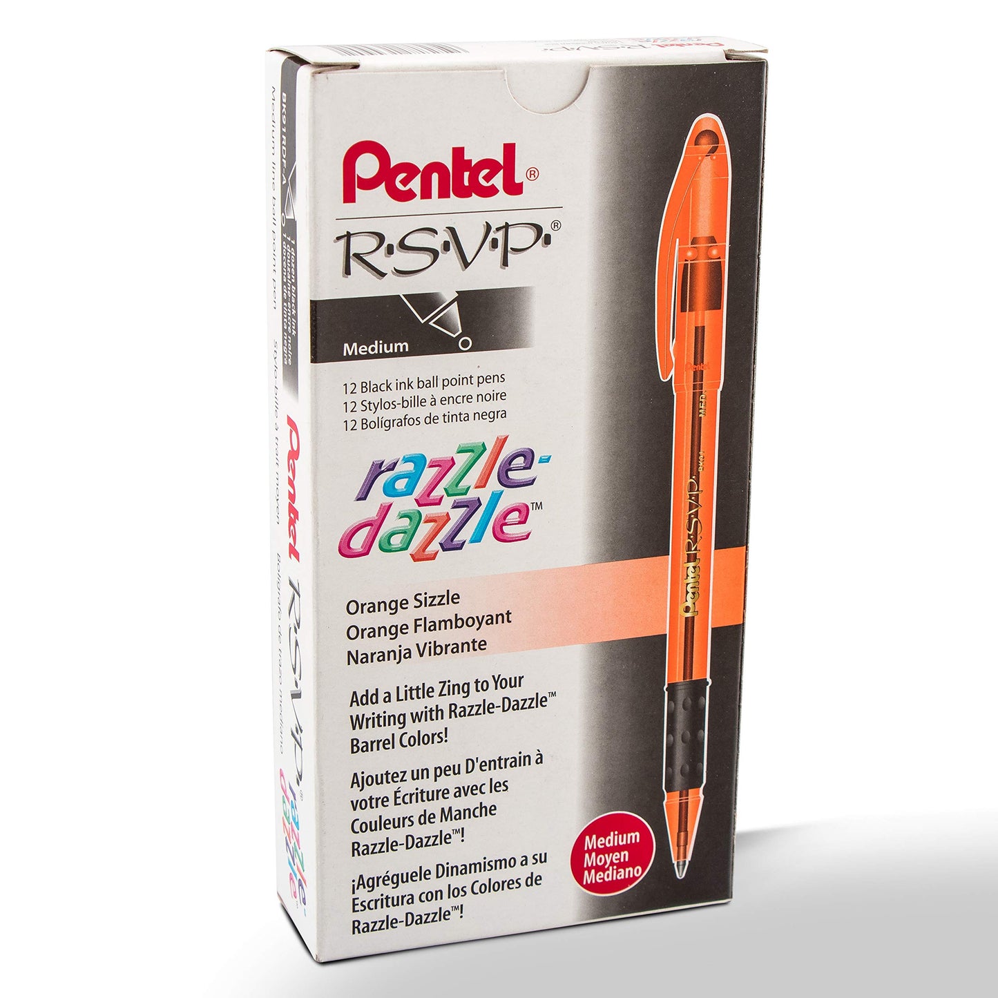 Pentel RSVP Razzle-Dazzle Ballpoint Pen, (1.0mm) Medium Line, Orange Barrel, Black Ink, Box of 12