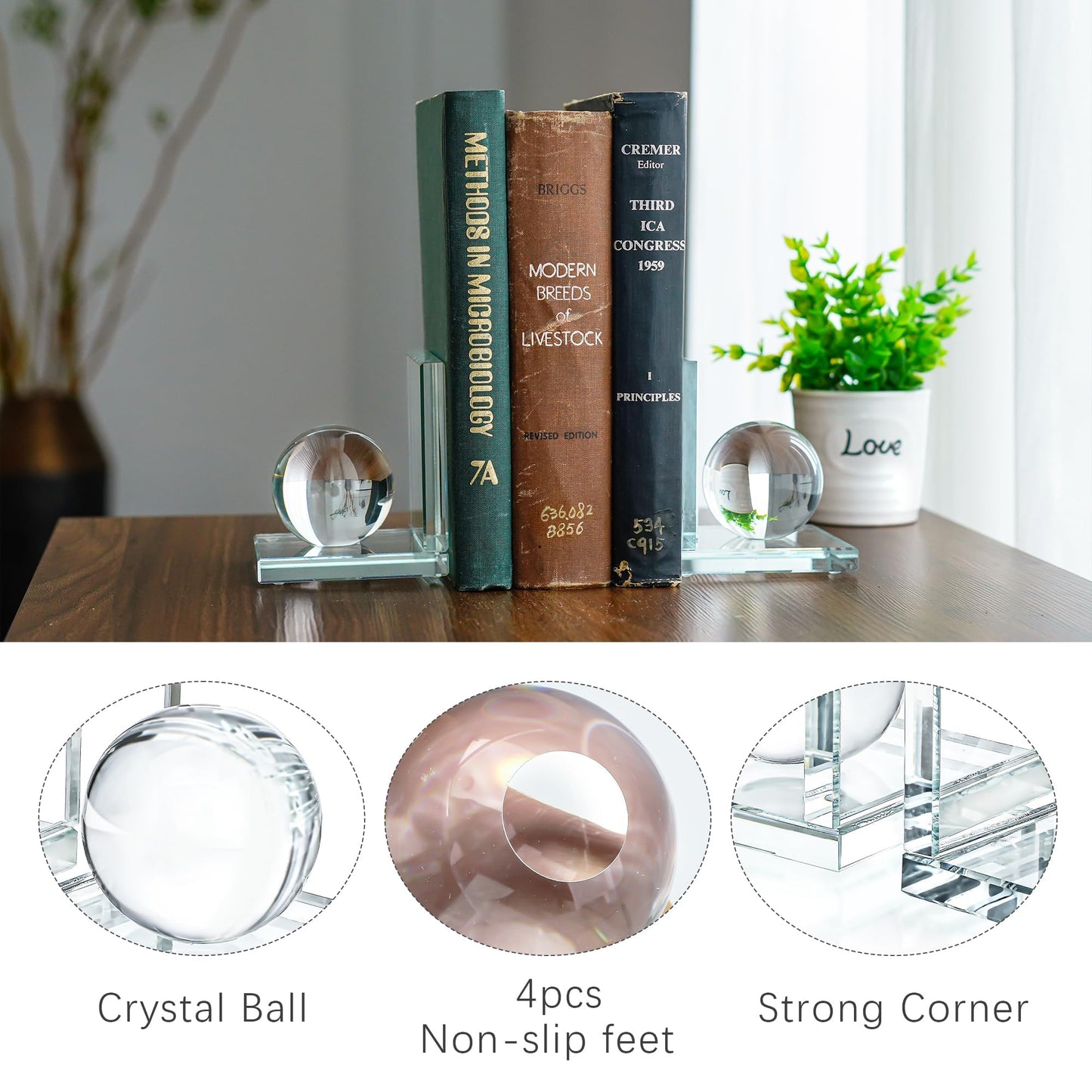 1 Pair Crystal Bookends with Crystal Ball for Heavy Books