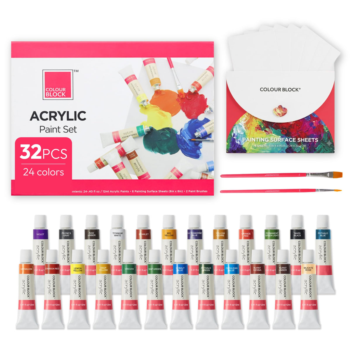 COLOUR BLOCK 32 Acrylic Paint Set with Brushes and 6-Sheet Paper | Art Supplies for Adult Artists