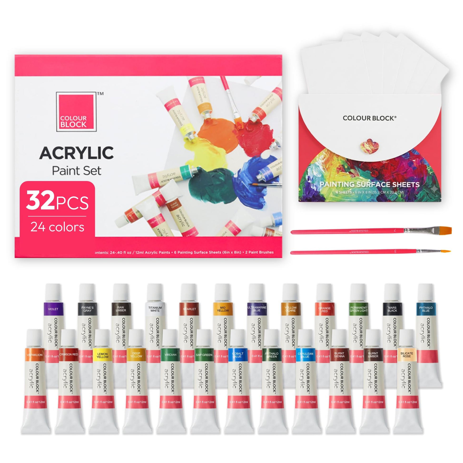COLOUR BLOCK 32 Acrylic Paint Set with Brushes and 6-Sheet Paper | Art Supplies for Adult Artists