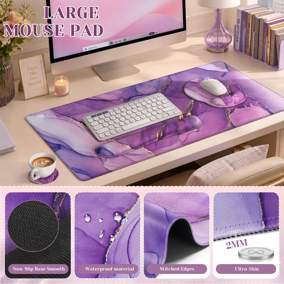 iCasso Purple Keyboard Mat 35.4"x15.7", Desk Blotter for Workspace