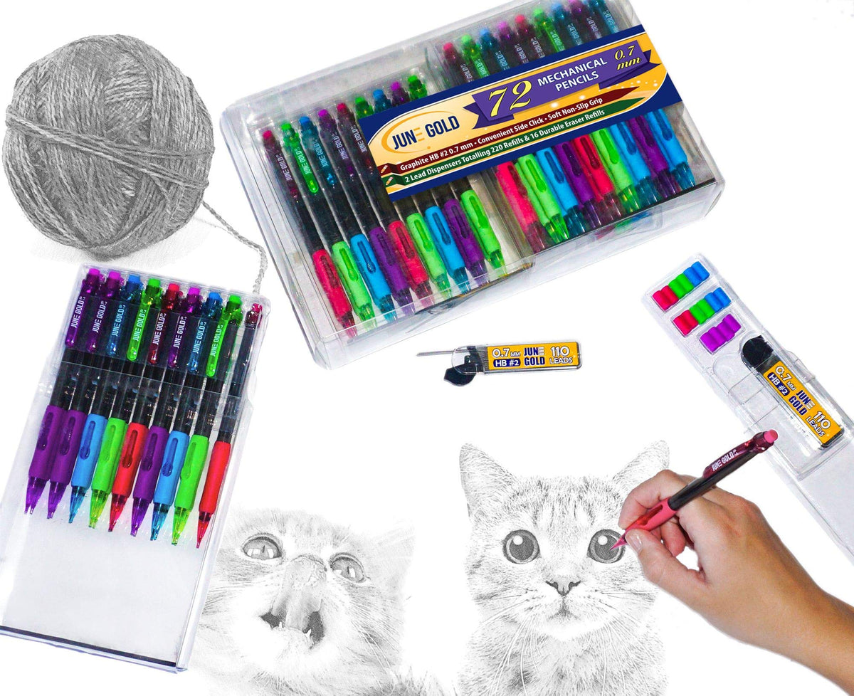 June Gold 72 Mechanical Pencils, 0.7 mm HB #2, 220 Lead & 16 Eraser Refills