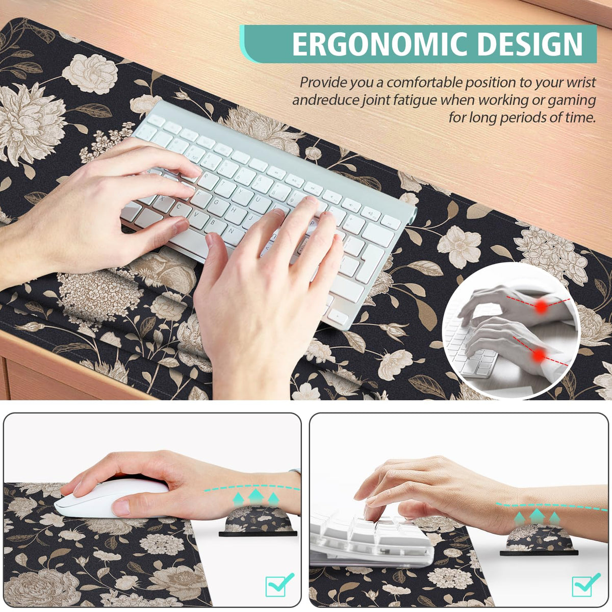 Floral Large Mouse Pad with Wrist Support Set of 4,Large Gaming Mouse Pad+Keyboard Rest+Mouse Wrist