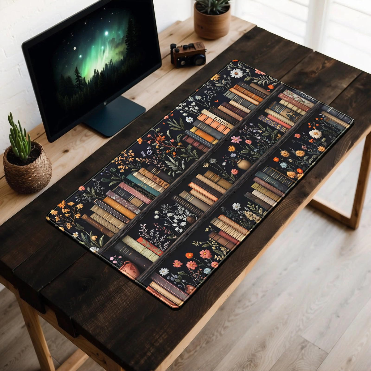 Bookish Desk Mat Floral Bookshelf Desk Pad Faux Embroidery Large Mouse Pad XXL Book Lovers Gift