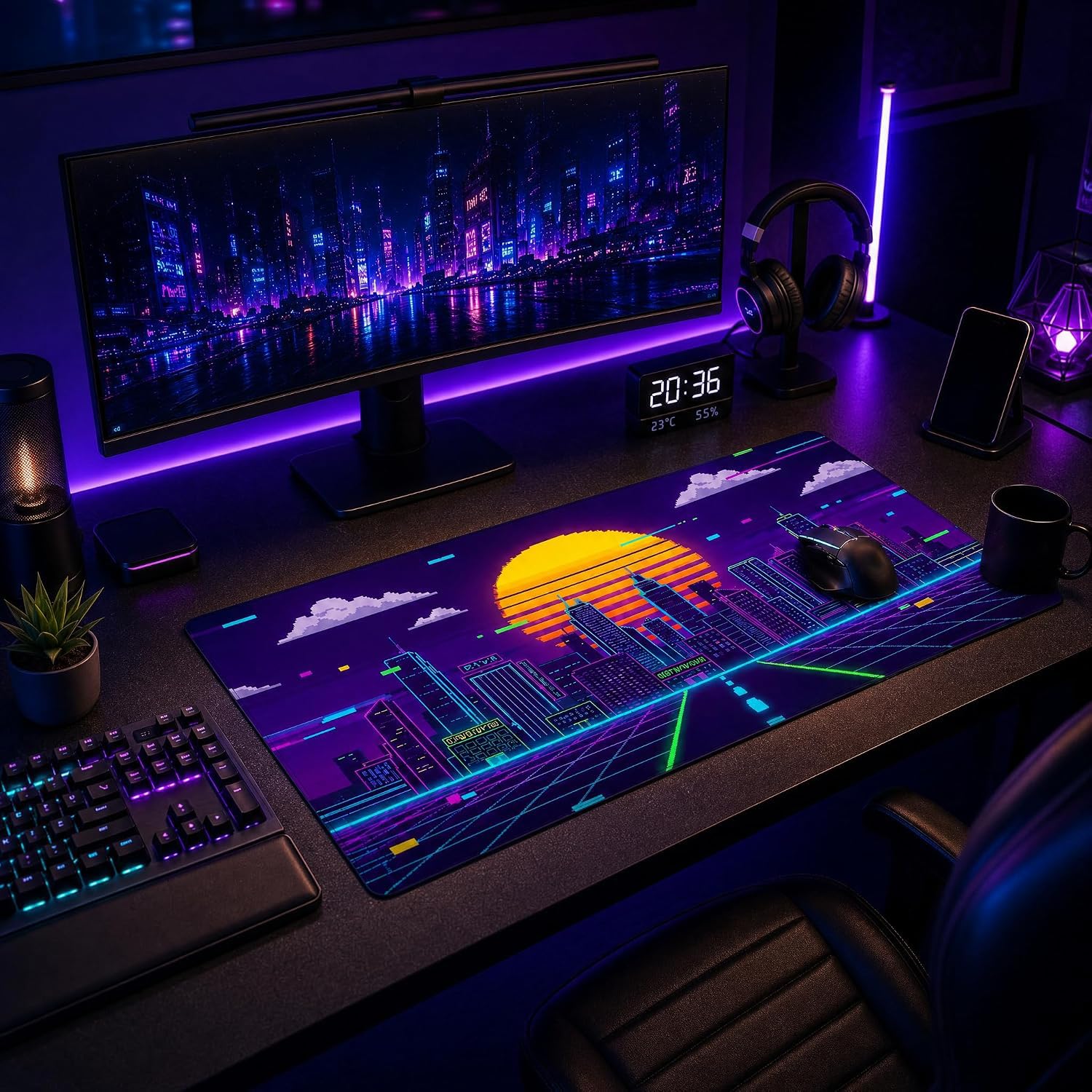 XXL Extended Gaming Mouse Pad, Cyberpunk Neon Synthwave Desk Mat Pixel