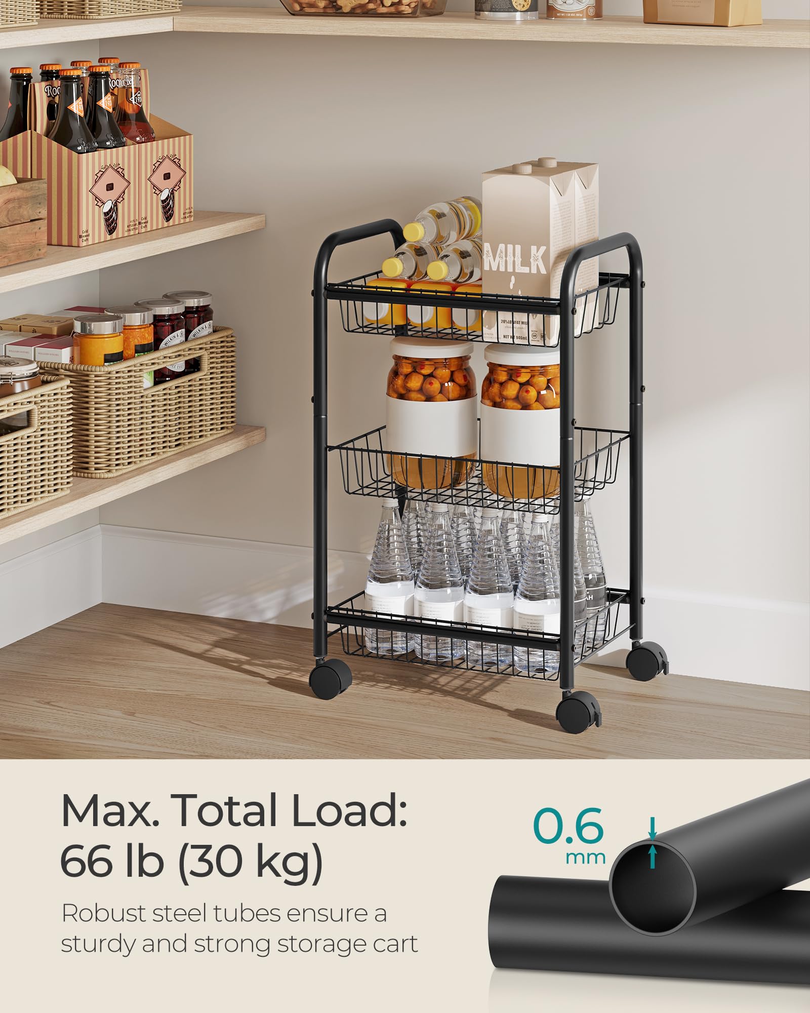 SONGMICS 3-Tier Steel Rolling Cart with Removable Baskets