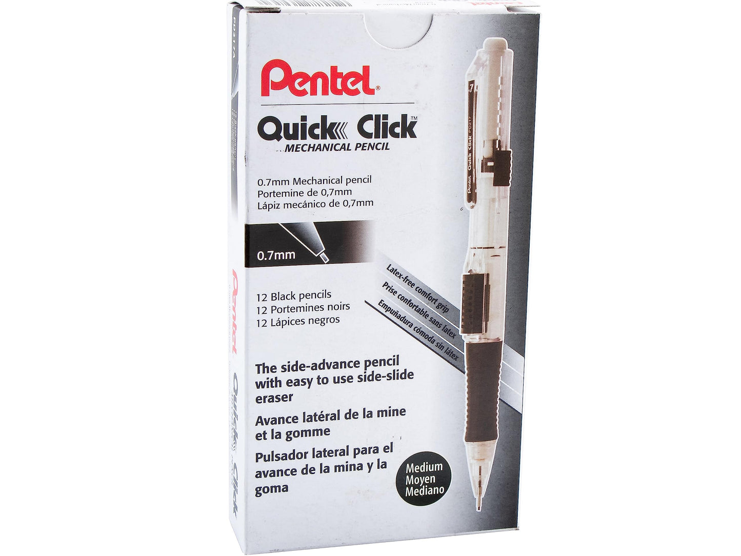 Pentel Quick Click Mechanical Pencil, (0.7mm), Medium, Black Barrel, Box of 12 Pencils (PD217A)