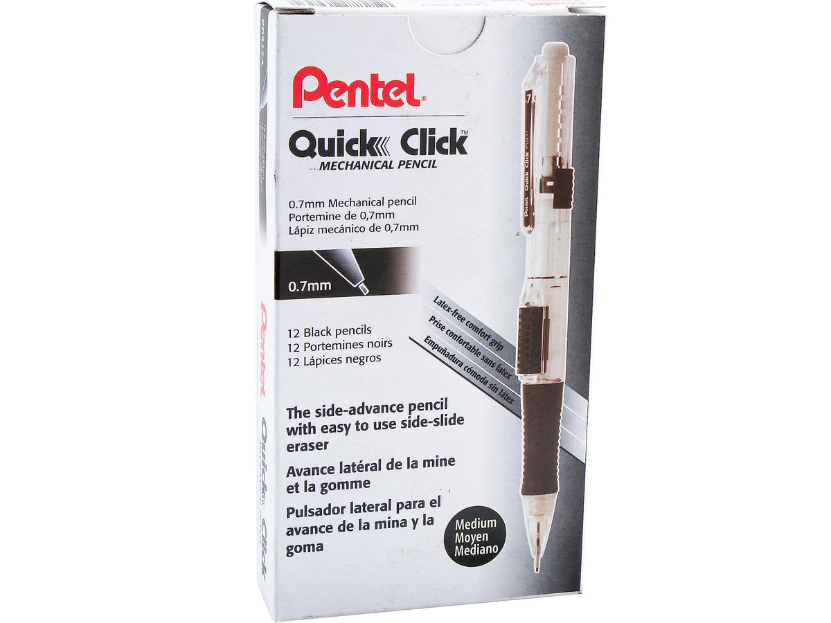 Pentel Quick Click Mechanical Pencil, (0.7mm), Medium, Black Barrel, Box of 12 Pencils (PD217A)