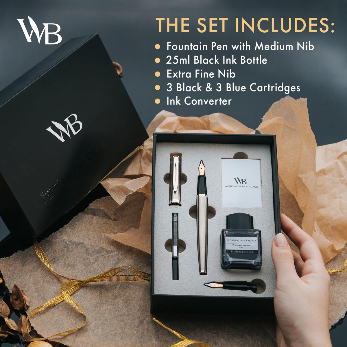 Wordsworth & Black Fountain Pen Gift Set, Medium & Extra Fine Nib, Silver