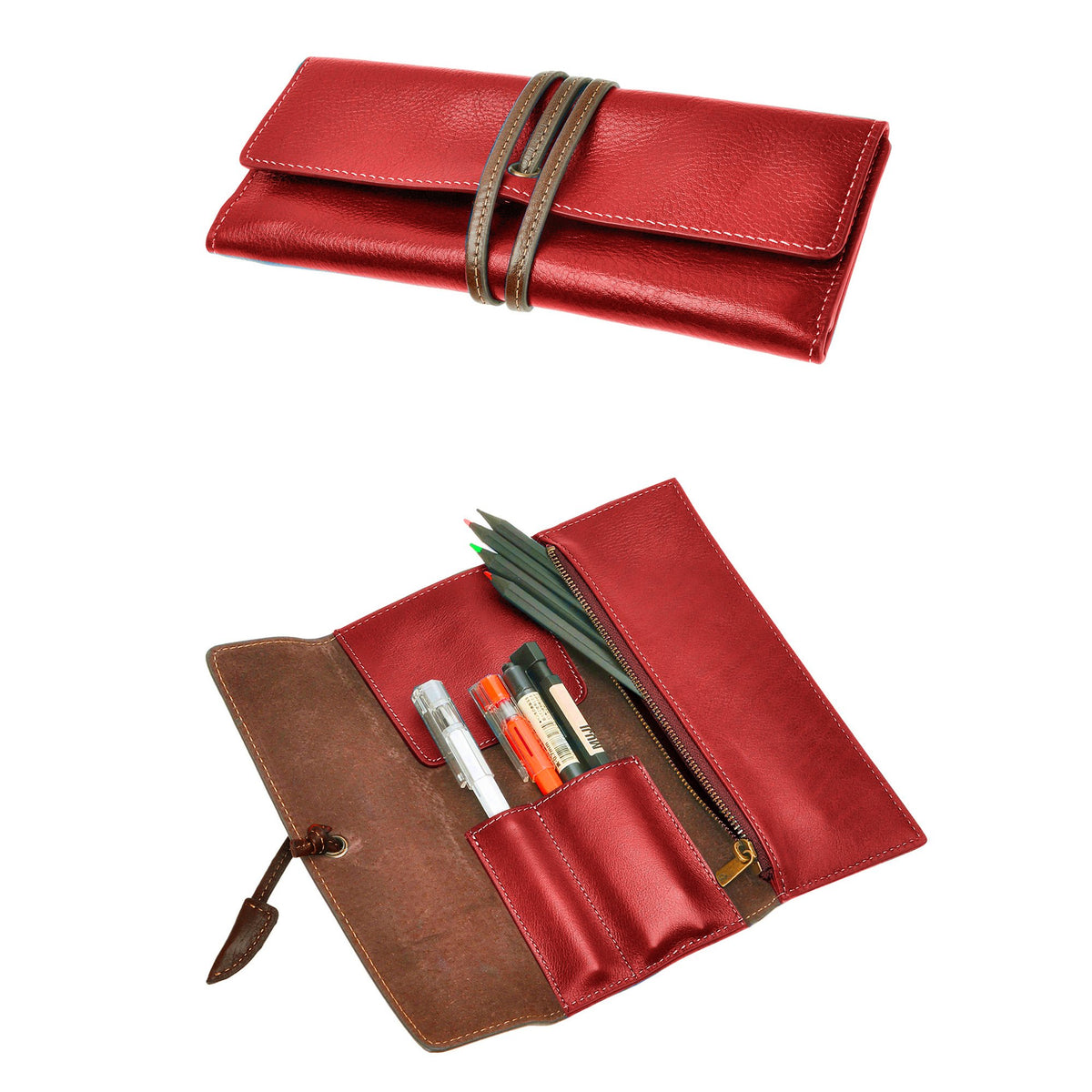 ZLYC Handmade Leather Pencil Case Soft Roll Bag Stationery Gift,Red