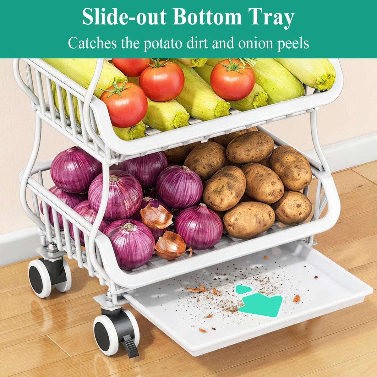 SAYZH 4-Tier Fruit and Vegetable Basket Stand for Kitchen, Wood Top, White
