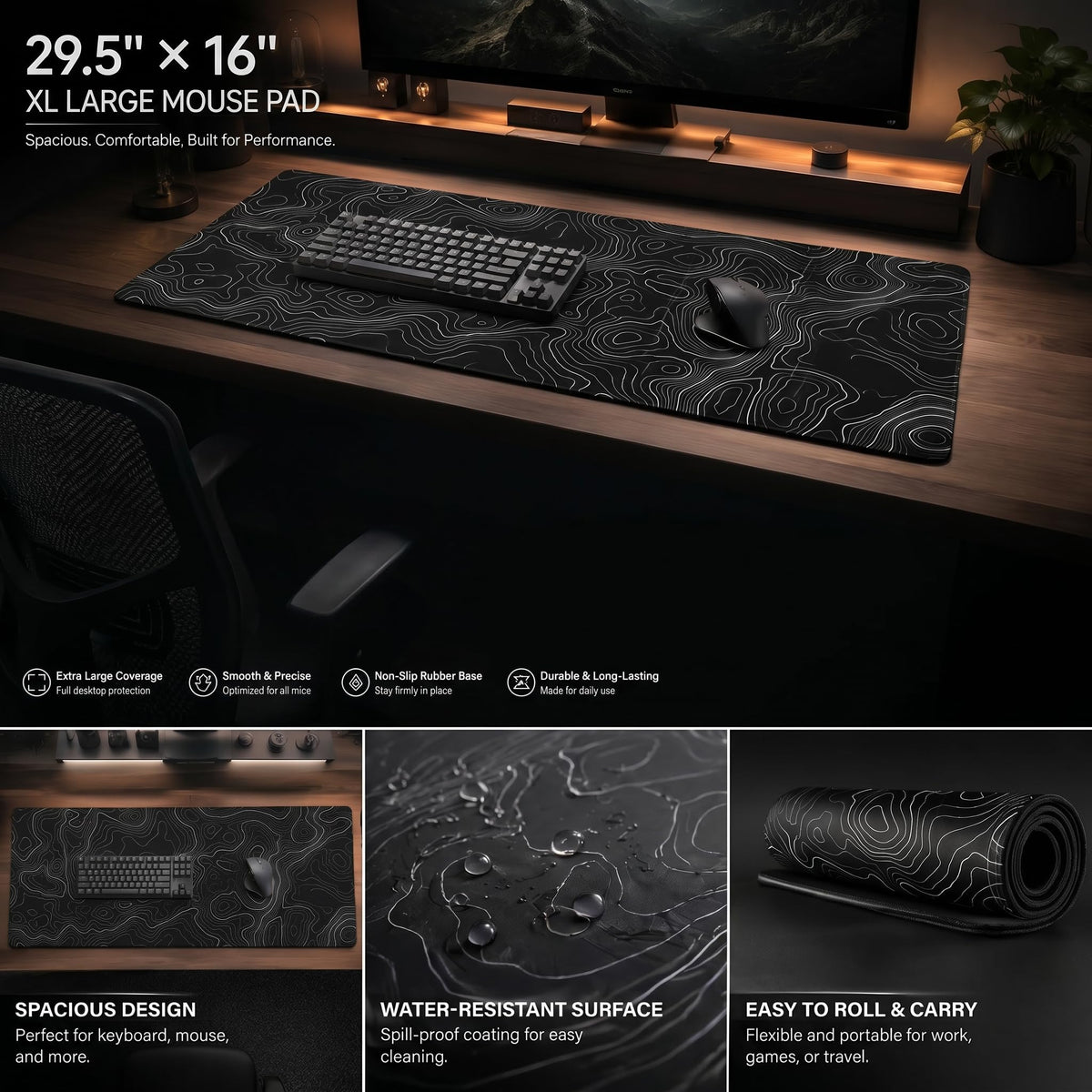 Extended Large Gaming Mouse Pad 29.5x16 Inch,Topographic Map Lines Desk Mat