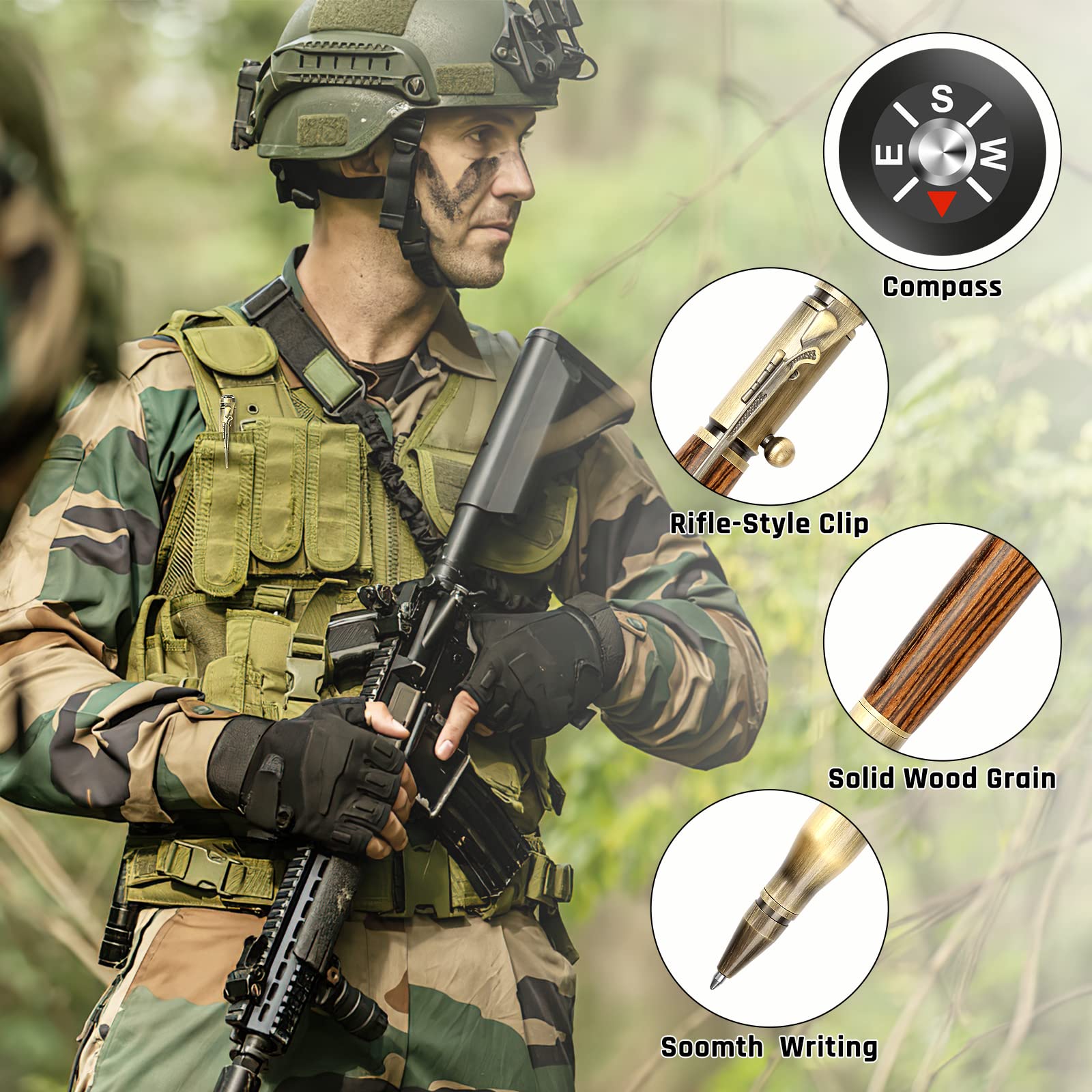 SHALORY Bolt Action Pen Ballpoint Pen with Compass &Rifle Clip & Extra Refills & Office Decor Gift