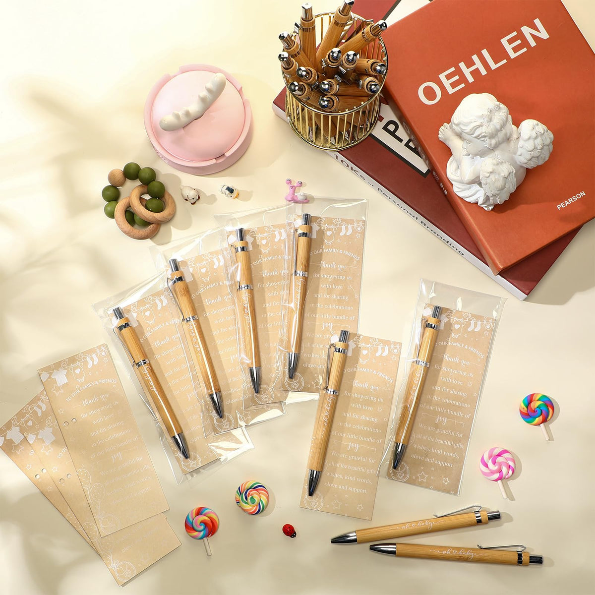 Zhanmai 72 Set Baby Shower Favors Bamboo Thank You Pens Cards Bags