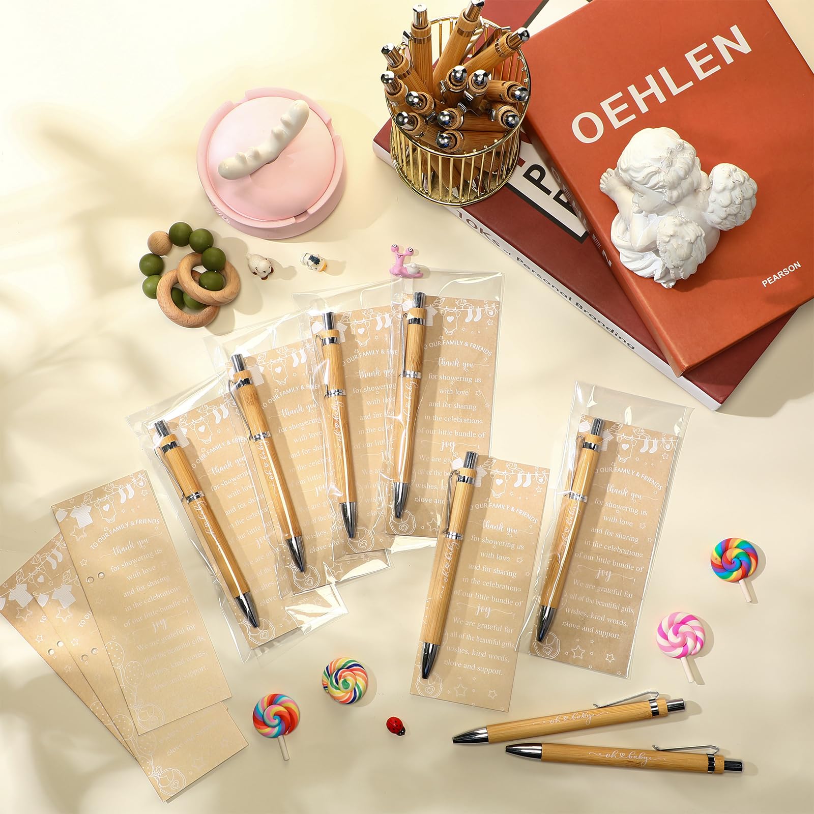 Zhanmai 72 Set Baby Shower Favors Bamboo Thank You Pens Cards Bags